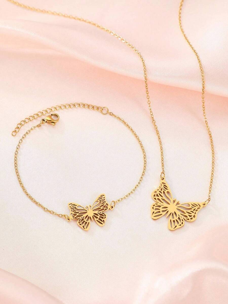 不銹鋼首飾套裝包括精美蝴蝶吊墜項鍊,翻領項鍊和手環在兩者金色和銀顏色,理想適用於女士配件,派對,和禮物至朋友們 - 金色 - 查看 1
