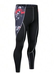 印花長袖運動t恤+運動褲,適用於跑步,籃球,自行車等運動。男性緊身運動t恤,快干彈性運動壓縮健身套裝,運動服,運動裝 - 黑色 - 查看 6