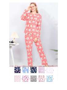 pijama polar peluche dama calientita conjunto 2 píezas playera y pantalon para otoño invierno - Azul Marino - Ver 6