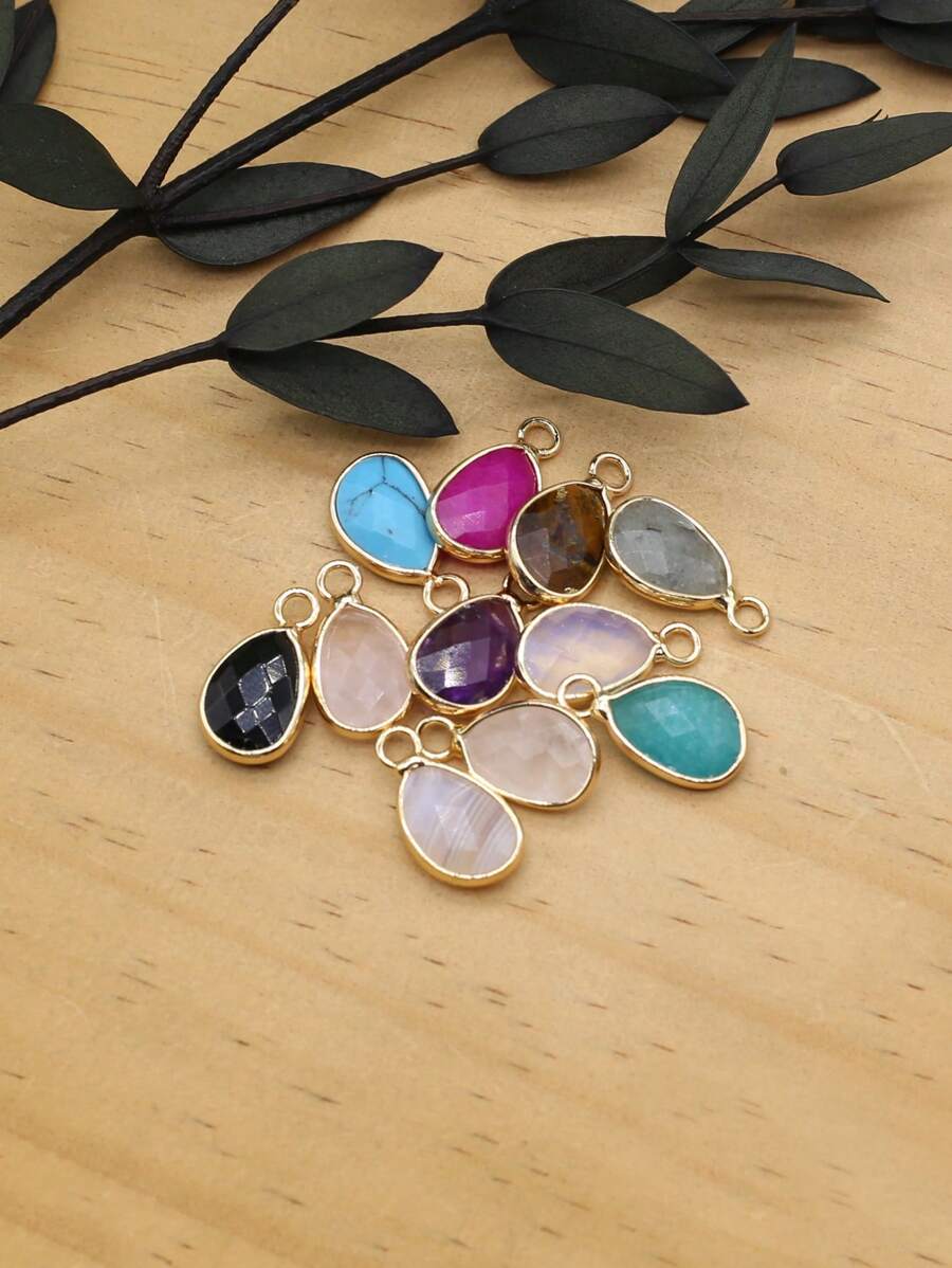 3入組天然石頭青色金色邊吊墜適用於DIY女性男士項鍊首飾配件 - 薄荷藍 - 查看 1