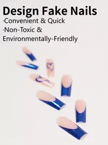 24入組棺材形狀帶藍色閃爍和心形法式設計的假指甲+1支指甲檔+1入組果凍膠壓著式假指甲指甲用品 - 藍色 - 查看 3