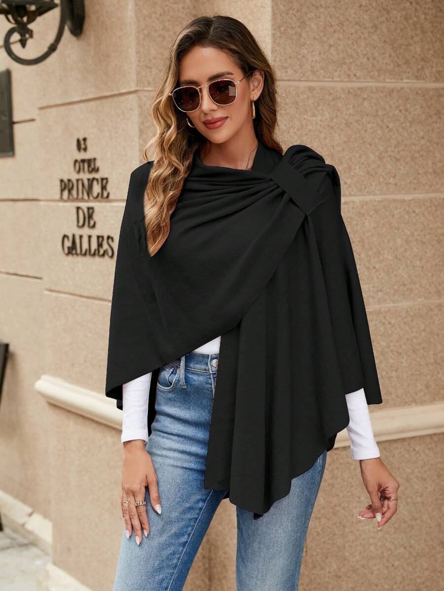 1 Pieza Versátil Pañuelo De Color Sólido Para Mujeres Con Hebilla, Se Puede Usar Como Chal, Adecuado Para Uso Diario - Negro - Ver 1