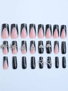24入組長方形膠貼式美甲，蝴蝶法式假指甲，設計鑲嵌鑽石裝飾，黑色指甲，含1片凝膠膠和1片指甲文件 - 彩色 - 查看 2
