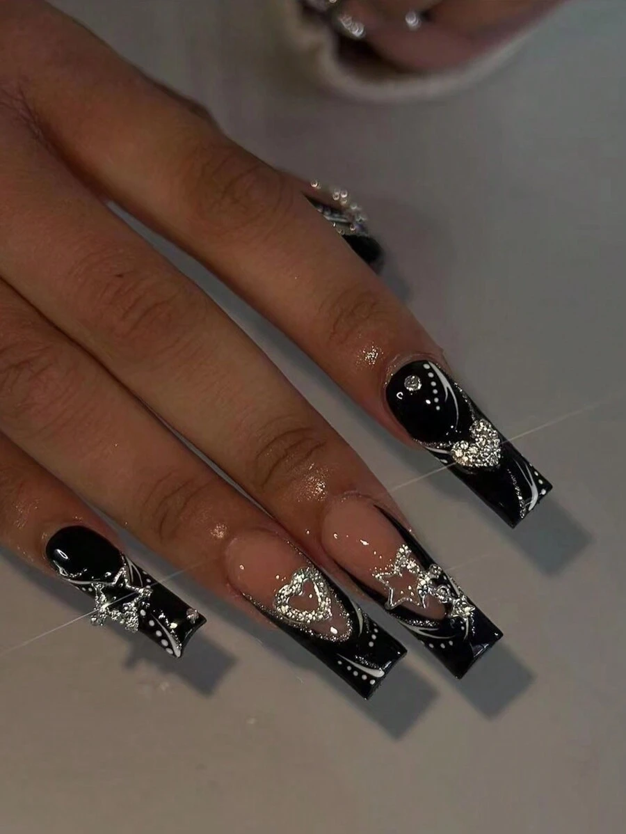 24入組長方形膠貼式美甲，蝴蝶法式假指甲，設計鑲嵌鑽石裝飾，黑色指甲，含1片凝膠膠和1片指甲文件 - 彩色 - 查看 1