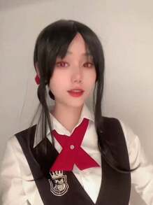 合成頭髮 14 英寸中長黑色馬尾辮角色扮演假髮帶劉海女式女孩裝扮假髮化裝萬聖節服裝派對道具無膠耐熱纖維頭髮高密度自然外觀動漫漫畫卡通服裝角色扮演假髮節日禮物無頭飾和 1入組假髮帽