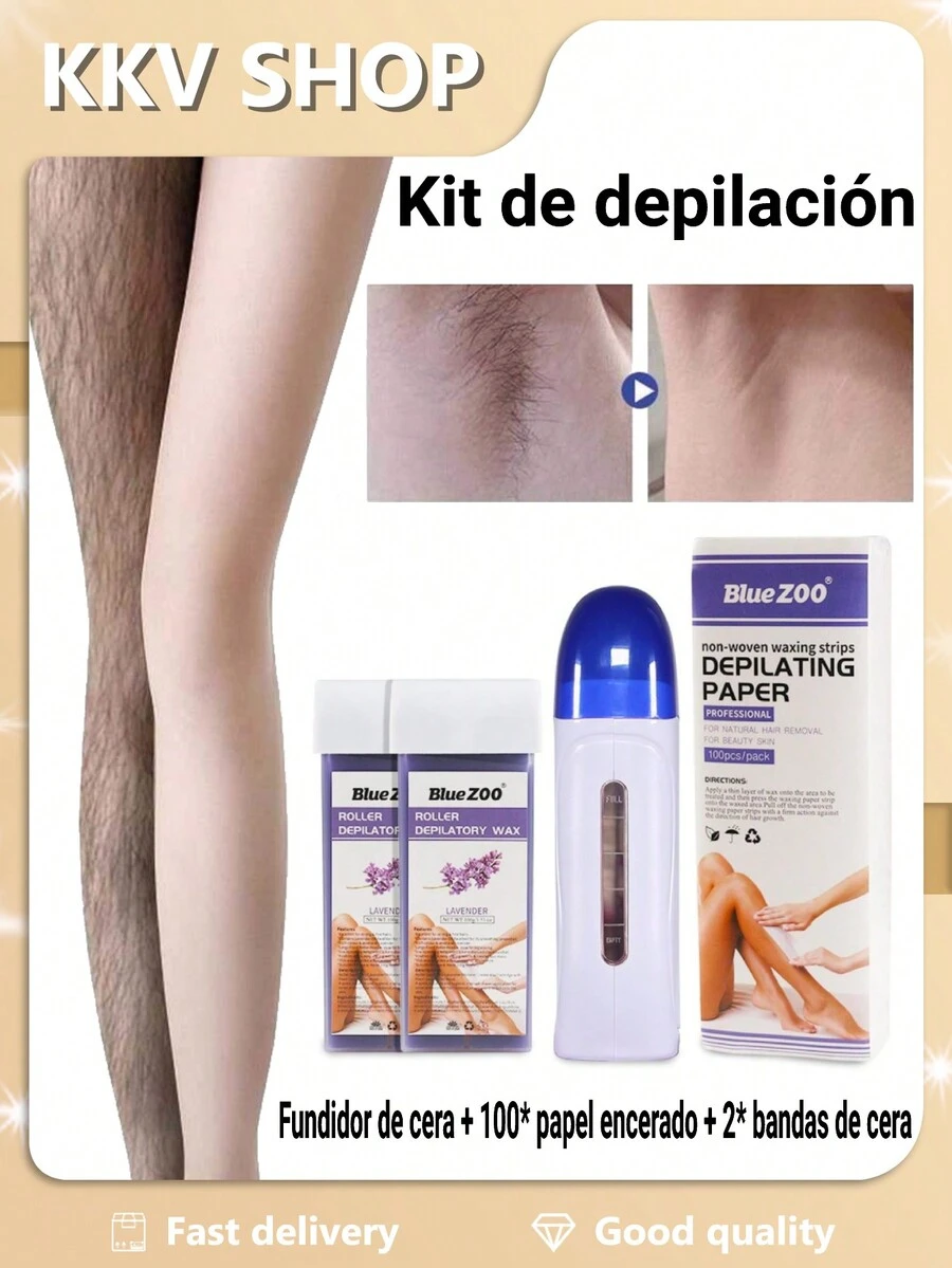 Kit de Depilación Profesional Completo con Cera Depiladora - Práctico y Eficaz Depilado - Para Todo Tipo de Piel - Óptimo para Uso Doméstico y Salones de Belleza - Consigue una Piel Suave y Radiant.4-piece set * depilatory casting roller+wax+100 wax skins