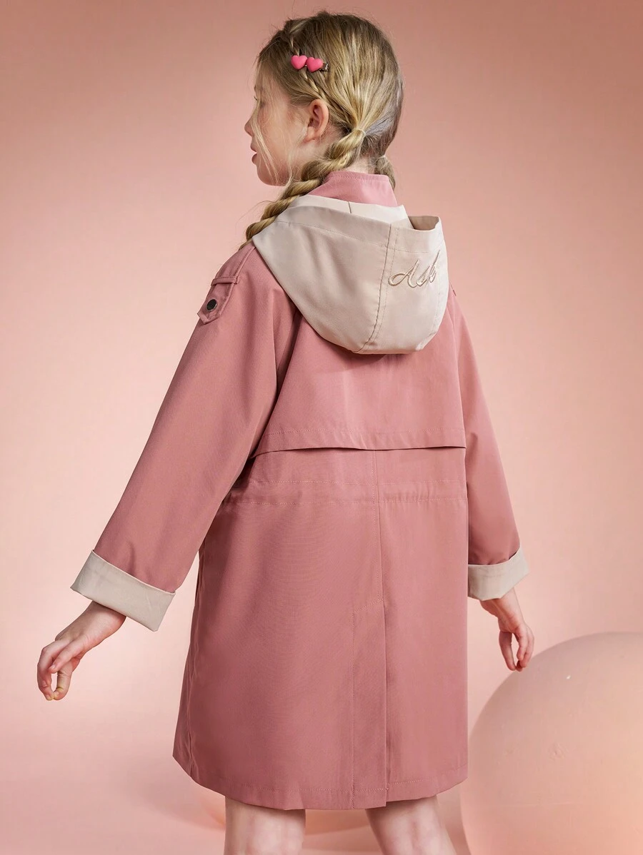 Girls' Fashionable Casual Hooded knee-length Trench Coat For Autumn