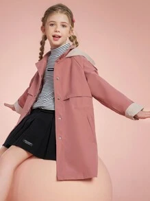 Girls' Fashionable Casual Hooded knee-length Trench Coat For Autumn