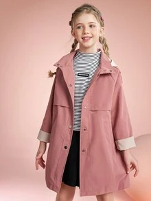 Girls' Fashionable Casual Hooded knee-length Trench Coat For Autumn