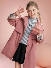 Girls' Fashionable Casual Hooded knee-length Trench Coat For Autumn