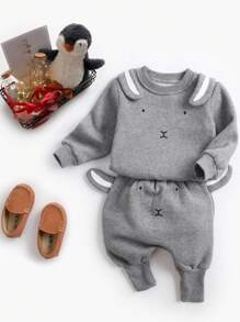 2入組男寶寶可愛兔子印花絨毛衛衣褲套裝,適用於派對、生日、秋冬季節 - 深灰色 - 查看 1
