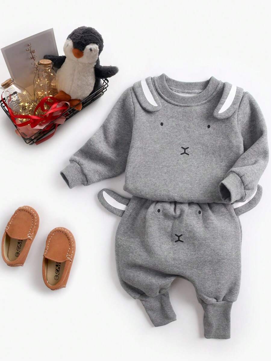 2入組男寶寶可愛兔子印花絨毛衛衣褲套裝,適用於派對、生日、秋冬季節 - 深灰色 - 查看 1