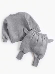 2入組男寶寶可愛兔子印花絨毛衛衣褲套裝,適用於派對、生日、秋冬季節 - 深灰色 - 查看 3