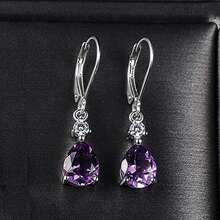 Realwe 925純銀紫晶淚滴形槓桿式耳環懸垂寶石耳環低過敏性生日首飾類禮物適合女士女孩