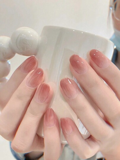 30 pièces Faux ongles courts en forme de cercueil avec dégradé rose dégradé et couleur nude, style japonais réutilisables. Ensemble complet comprenant 1 pièce de gel de gelée et 1 pièce de bloc de polissage. Convient pour les fêtes, les mariages et l'utilisation quotidienne. Fournitures pour ongles