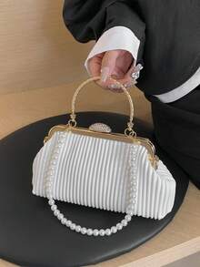 優雅珍珠手拿包帶鏈子刺繡和吻鎖-完美適用於任何場合 - 白色 - 查看 2