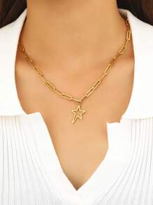 Aomogo Stainless Steel Necklace With Asymmetrical Star Pendant, Fashionable Metal Paperclip Chain Choker For Women, Luxury Jewelry - Gold - View 2