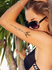 1pc Black Crown, Planet, Stripe Pattern Temporary Tattoo Sticker For Spine, Arm,wrist And Body - Black - View 5