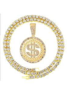 Men Chains Silver/Golden Plated small Dollar Pendant Necklace,Hip Hop Link Chain Rhinestone Jewelry - Gold - View 4