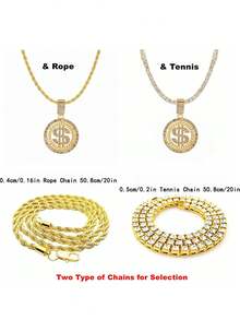 Men Chains Silver/Golden Plated small Dollar Pendant Necklace,Hip Hop Link Chain Rhinestone Jewelry - Gold - View 6