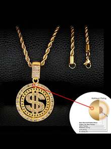 Men Chains Silver/Golden Plated small Dollar Pendant Necklace,Hip Hop Link Chain Rhinestone Jewelry - Gold - View 2