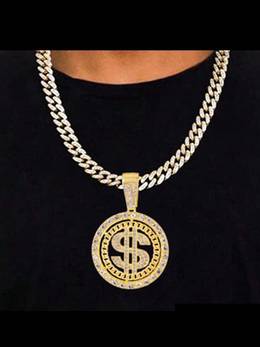 Men Chains Silver/Golden Plated small Dollar Pendant Necklace,Hip Hop Link Chain Rhinestone Jewelry - Gold - View 1