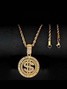Men Chains Silver/Golden Plated small Dollar Pendant Necklace,Hip Hop Link Chain Rhinestone Jewelry - Gold - View 3