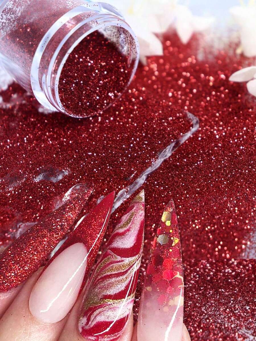 1瓶新年紅色指甲閃粉細砂糖粉,用於指甲藝術裝飾情人節鉻顏色色素指甲美容配件0.2mm - 彩色 - 查看 1