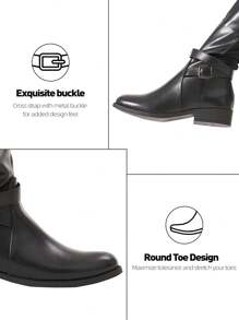 Women Riding Tall Boots Flat Heel Knee High Boots Round Toe Boots With Buckle Straps Valentine's Day - 黑色 - 查看 6