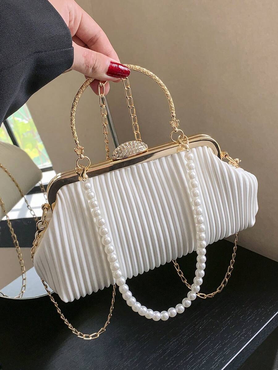 優雅珍珠手拿包帶鏈子刺繡和吻鎖-完美適用於任何場合 - 白色 - 查看 1