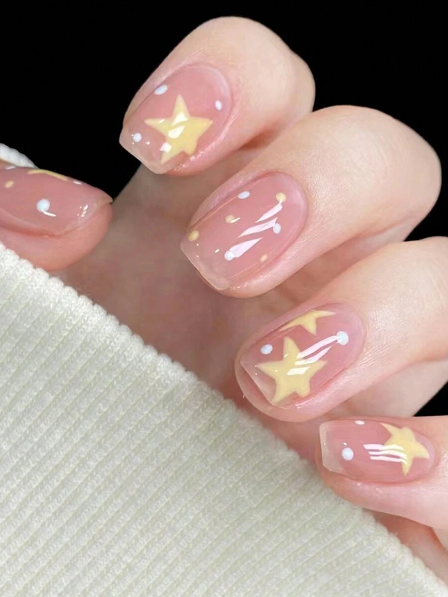 24入組短方形粉色指甲藝術,包括波點和星星的可愛學校圖案,壓合式款式,適用於女士和女孩 - 彩色 - 查看 1