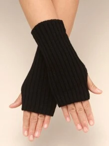 1pair Simple Style Women's 20cm Knit Fingerless Gloves With Stripes For Daily Warm Keeping - Black - View 1