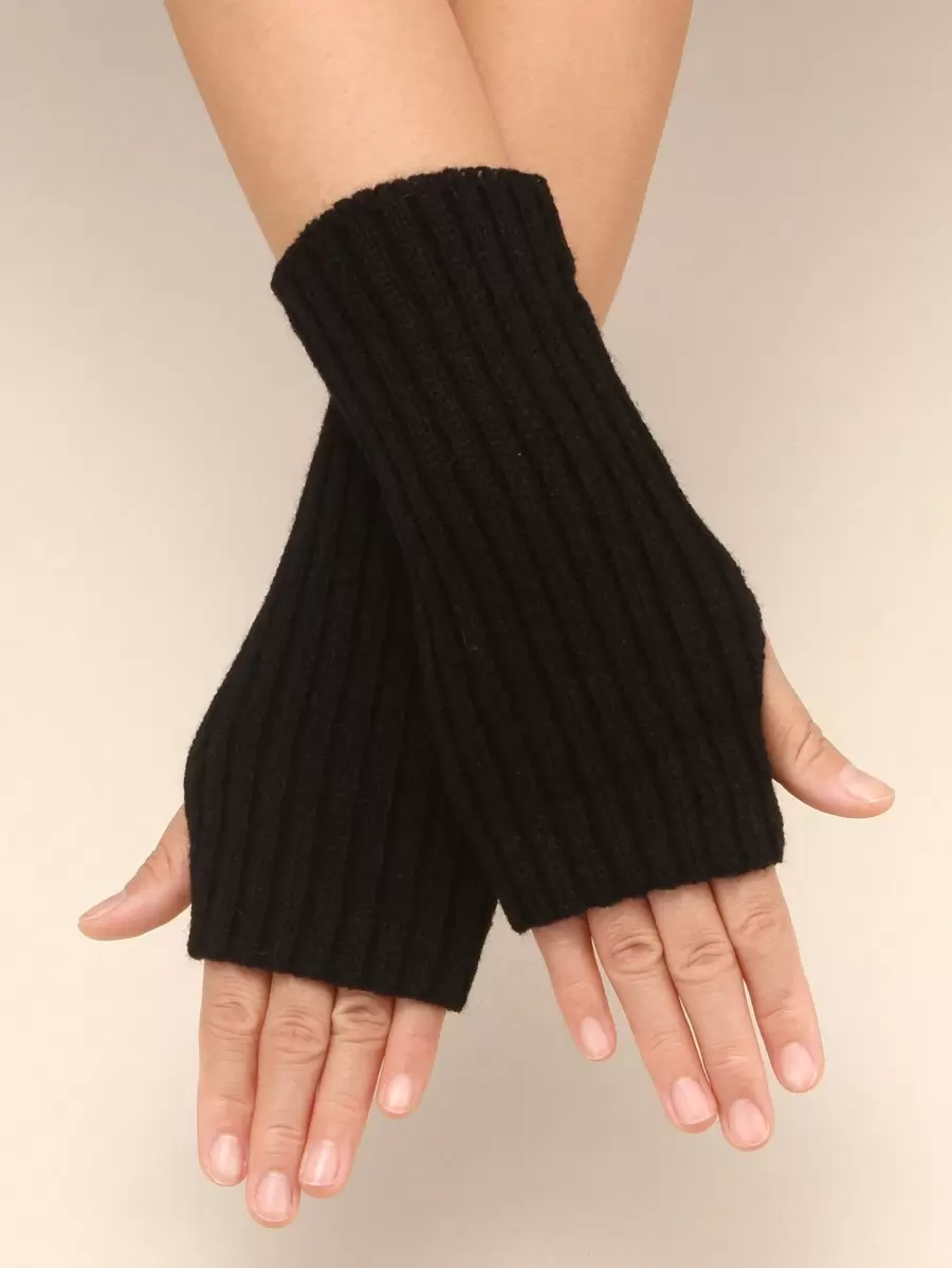 1pair Simple Style Women's 20cm Knit Fingerless Gloves With Stripes For Daily Warm Keeping - Black - View 1