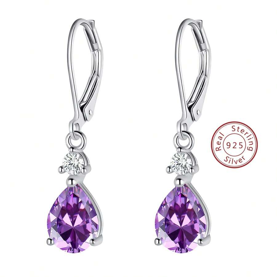 Realwe 925純銀紫晶淚滴形槓桿式耳環懸垂寶石耳環低過敏性生日首飾類禮物適合女士女孩