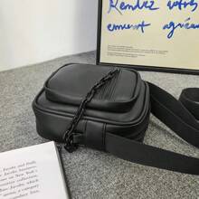 单肩包，男士潮流品牌，简约百搭斜挎包，女士休闲，轻便，纯色手机包，街头随身小单肩包 PU 皮革商务休闲简约节日必备防水便携男士礼物侧包斜挎包户外爸爸礼物父亲礼物男士礼物情人节礼物 - 黑色 - 查看 5