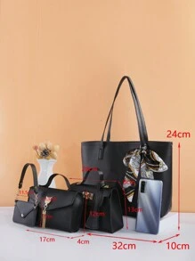 Conjunto de 4 Peças de Bolsas de Moda Vintage para Escritório e Transporte: Bolsa de Ombro/Transversal Acolchoada Colorblock com Alça de Corrente e Mini Bolsa - Preto - Visão 5