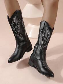2023 Spring/autumn New Embroidered Cowgirl Boots For Women, Ins Style High Boots - Black - View 3