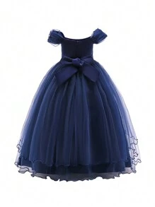 Tween Girl Long Satin Mesh Solid Color Elegant Dress, Suitable For Formal Events, Galas, Parties (Headband Not Included) - Navy Blue - View 2