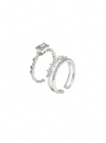 2 piezas/set Anillo de moda a doble capas ajustable vintage - Plateado - Ver 3