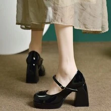 Zapatos de tacón alto negro para mujer, tacones gruesos, estilo de zapatos de correa Mary Jane, zapatos de escote bajo para el verano de 2023 - Negro - Ver 3