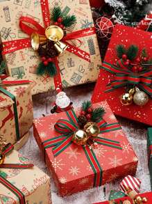 1 Peça 22m Fita De Presente De Seda E Cetim Listrada Vermelha E Verde Para Decorar O Natal Com Duplas Bordas Douradas Para Embrulhar Caixas De Presentes E Artesanatos De Feriado - Multicolorido - Visão 1