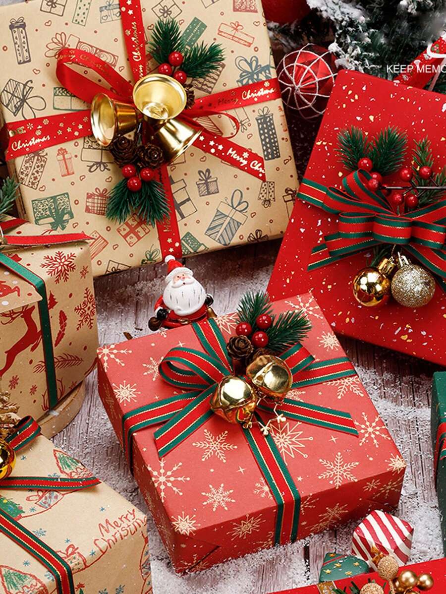 1 Peça 22m Fita De Presente De Seda E Cetim Listrada Vermelha E Verde Para Decorar O Natal Com Duplas Bordas Douradas Para Embrulhar Caixas De Presentes E Artesanatos De Feriado - Multicolorido - Visão 1