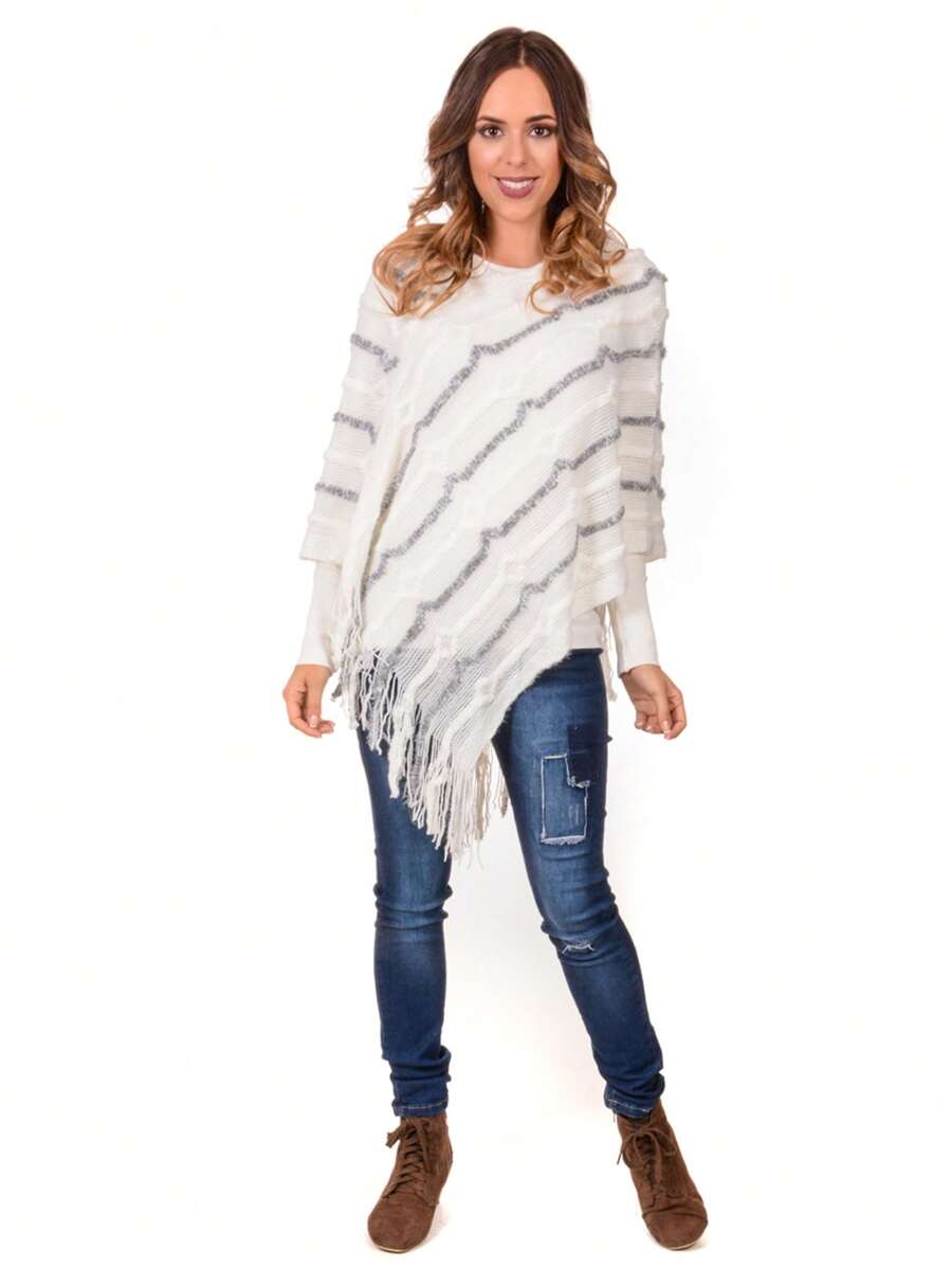 One-Size-Fits-All Poncho Cape Casual Warm Knitted Fabric For Women Asymmetrical With Fringes CMGZ-012 - 白色 - 查看 1