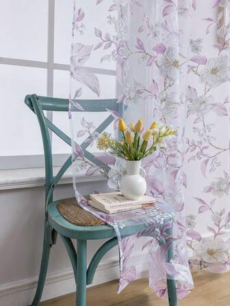 1入組客廳透明窗簾,紫色經典花卉圖案帶有過濾光線的臥室隱私保護