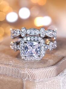 2pcs Stylish & Delicate Square & Cube Design White Cubic Zirconia Ring Set, Suitable For Women To Wear On Weddings, Banquets, Parties - White - View 3