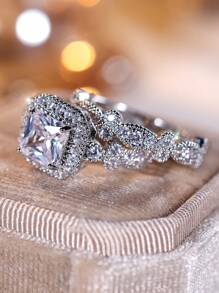 2pcs Stylish & Delicate Square & Cube Design White Cubic Zirconia Ring Set, Suitable For Women To Wear On Weddings, Banquets, Parties - White - View 4