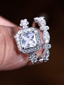 2pcs Stylish & Delicate Square & Cube Design White Cubic Zirconia Ring Set, Suitable For Women To Wear On Weddings, Banquets, Parties - White - View 5