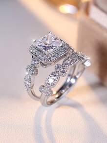 2pcs Stylish & Delicate Square & Cube Design White Cubic Zirconia Ring Set, Suitable For Women To Wear On Weddings, Banquets, Parties - White - View 2