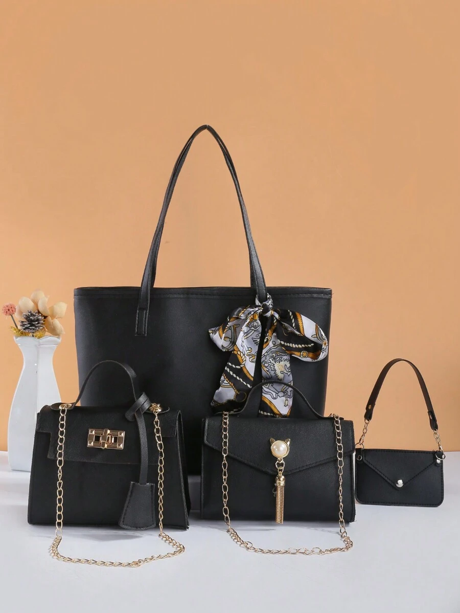 Conjunto de 4 Peças de Bolsas de Moda Vintage para Escritório e Transporte: Bolsa de Ombro/Transversal Acolchoada Colorblock com Alça de Corrente e Mini Bolsa - Preto - Visão 1