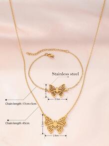 不銹鋼首飾套裝包括精美蝴蝶吊墜項鍊,翻領項鍊和手環在兩者金色和銀顏色,理想適用於女士配件,派對,和禮物至朋友們 - 金色 - 查看 7